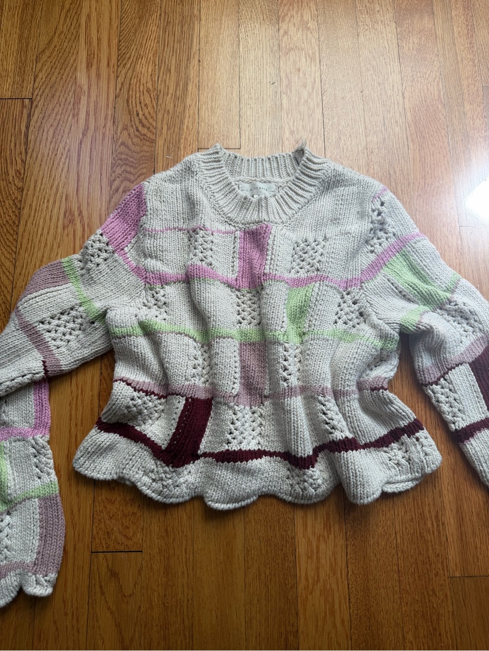 La Hearts Cream Crewneck Sweater with Pink, Green & Burgundy Accents